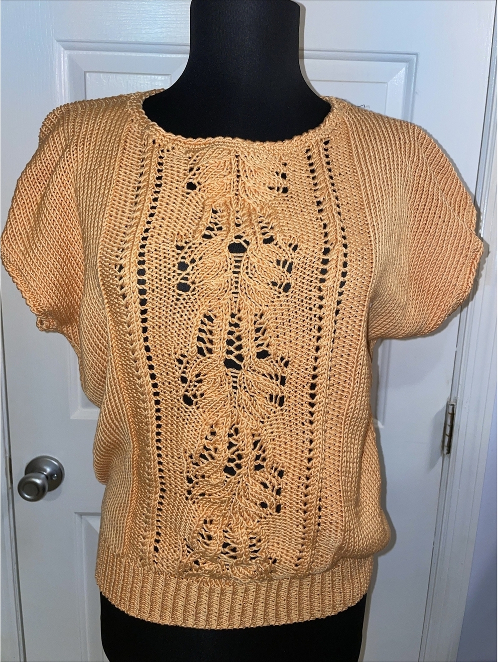 80s Vintage Peach Mango Crochet Knit Cottagecore Grandma Sweater Womens Small